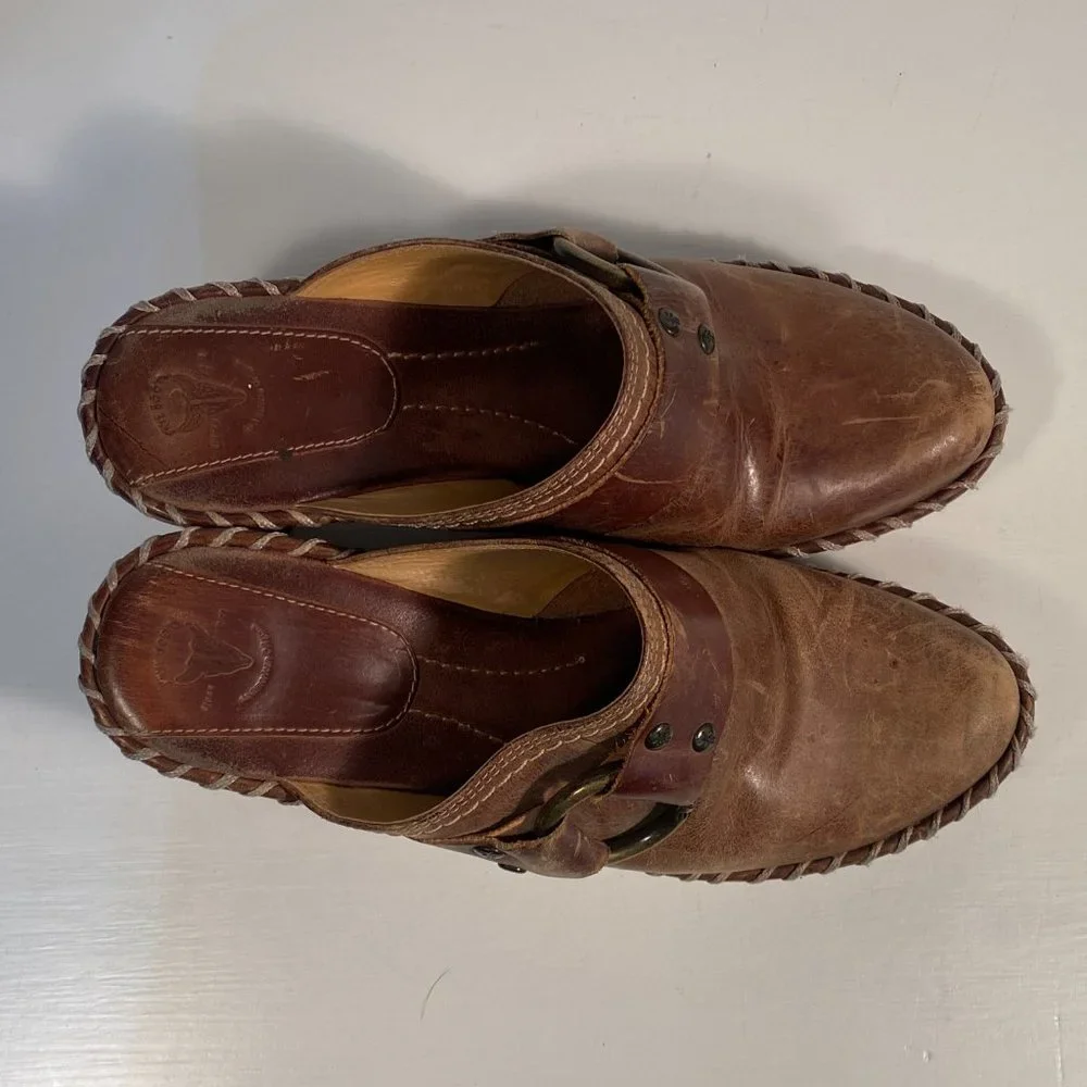 Frye Charlotte Distressed Brown Leather Harness Accent Mules Women Size 9 M - Picture 5 of 9